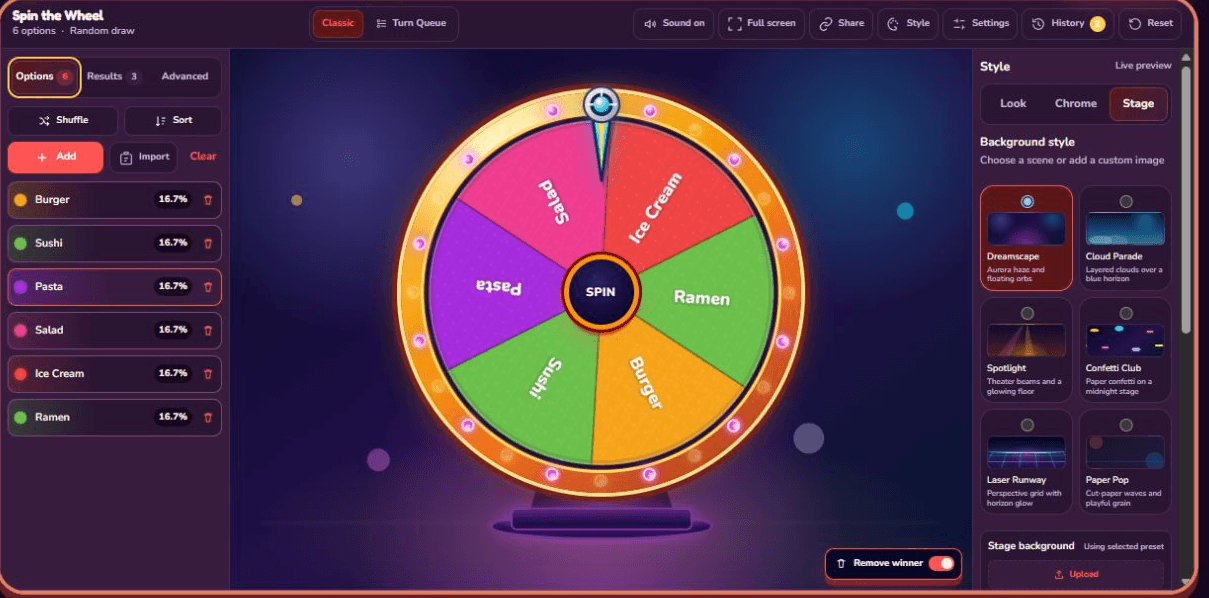 Current Spin the Wheel Classic editor with Options on the left, wheel in the center, and Look controls on the right