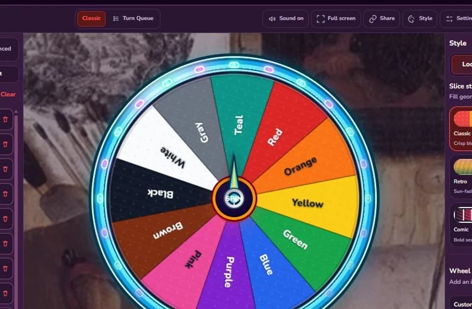 Color Spin The Wheel with twelve named color sections matching their labels