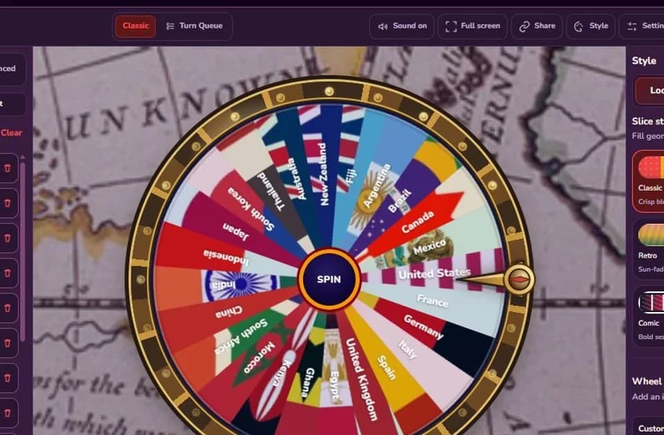 Country Spin The Wheel with 24 countries from multiple world regions