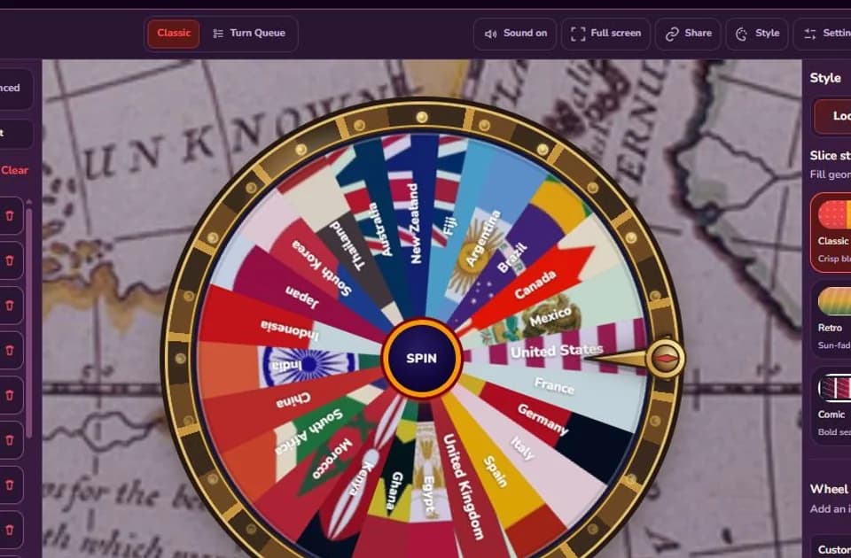 Country Spin The Wheel with 24 countries from multiple world regions
