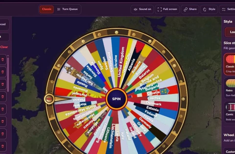 Europe Country Wheel loaded with 44 country names in the Classic editor