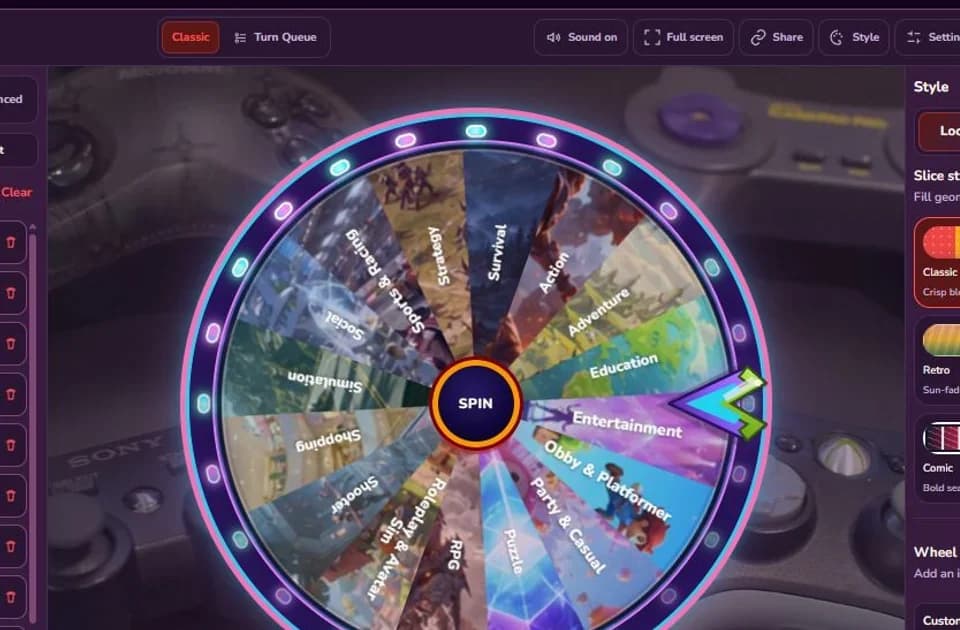 Games Spin The Wheel with sixteen broad gameplay genres