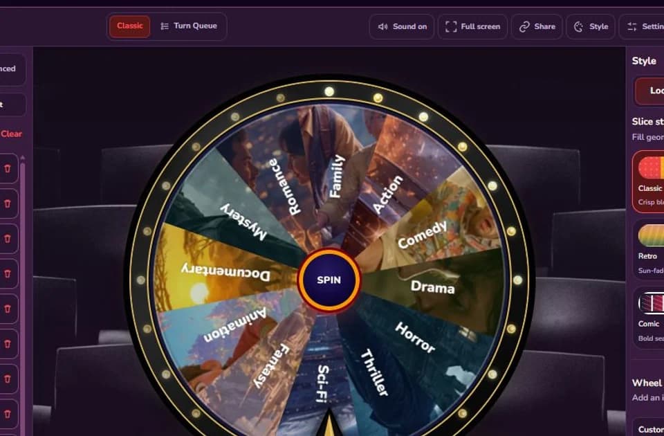 Movie Spin The Wheel with twelve film genres in the Classic editor