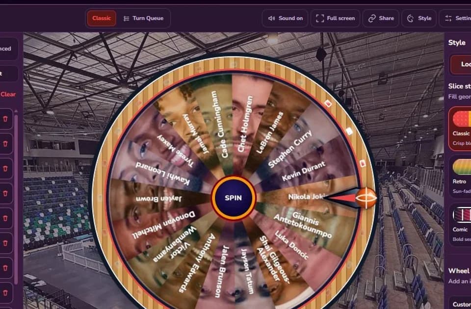 NBA Player Spin The Wheel with current stars and recognized player names