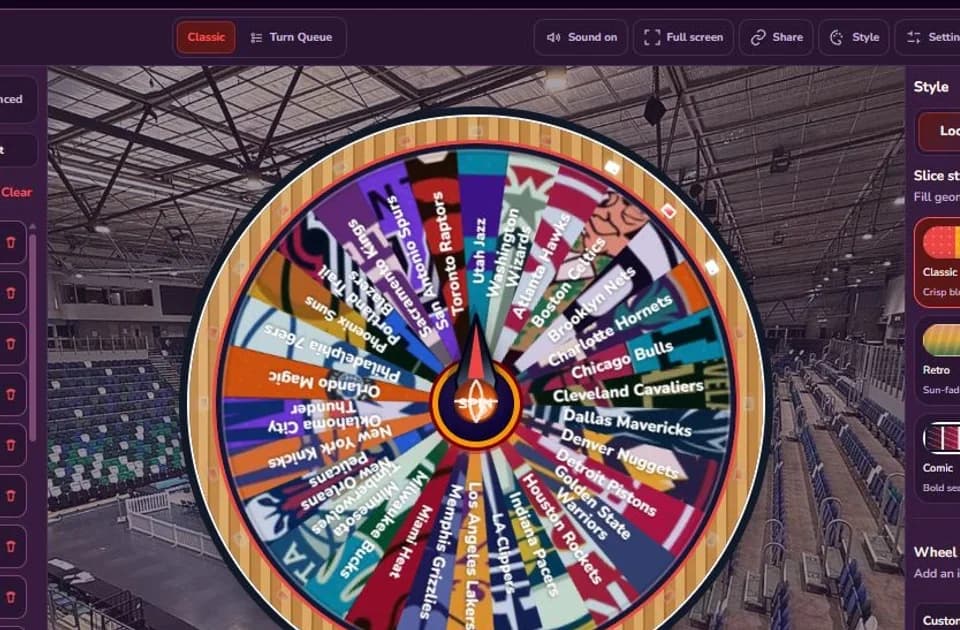 NBA Teams Spin The Wheel loaded with all 30 team names
