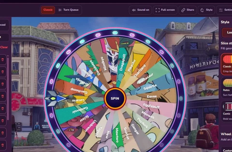 Pokemon Spin The Wheel loaded with 24 familiar Pokémon names