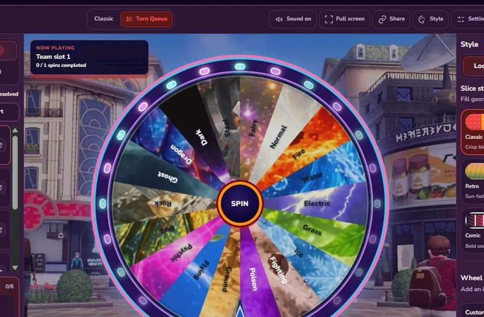 Pokémon Type Team Wheel showing 18 types and six team slots in Turn Queue