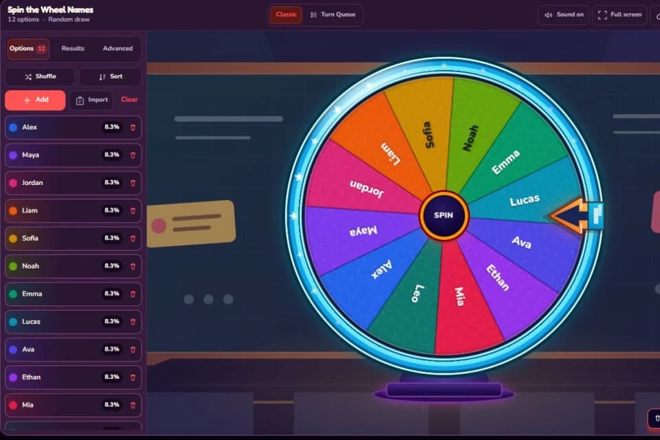 Spin the Wheel Names template with twelve sample names on a classroom-style wheel