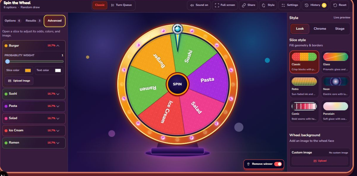 Current Advanced panel showing probability weight, slice color, text color, and image upload for individual options