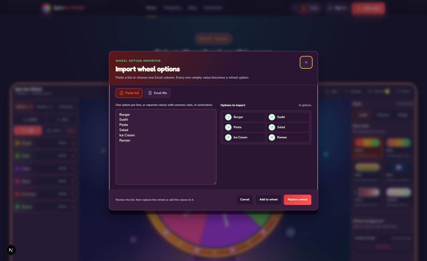 Current wheel option importer with a pasted list and six-item preview