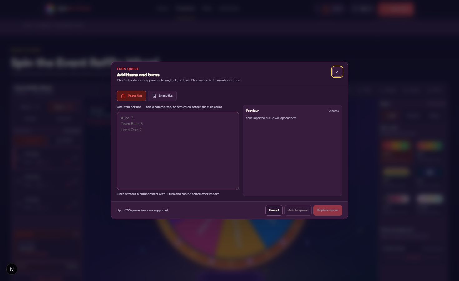 Current Turn Queue importer showing one item per line and an optional turn count