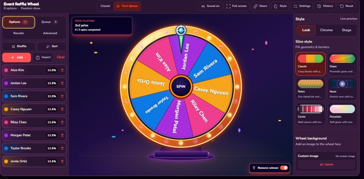 Current Turn Queue template with eight participant names in Options