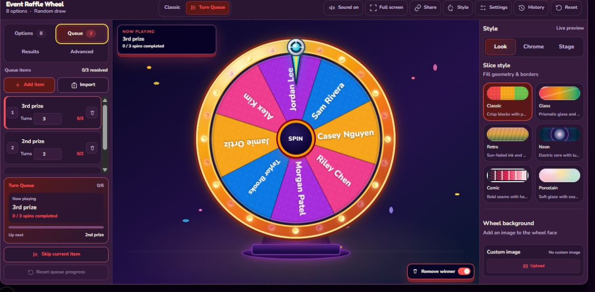 Current Queue panel with third, second, and first prize turn counts