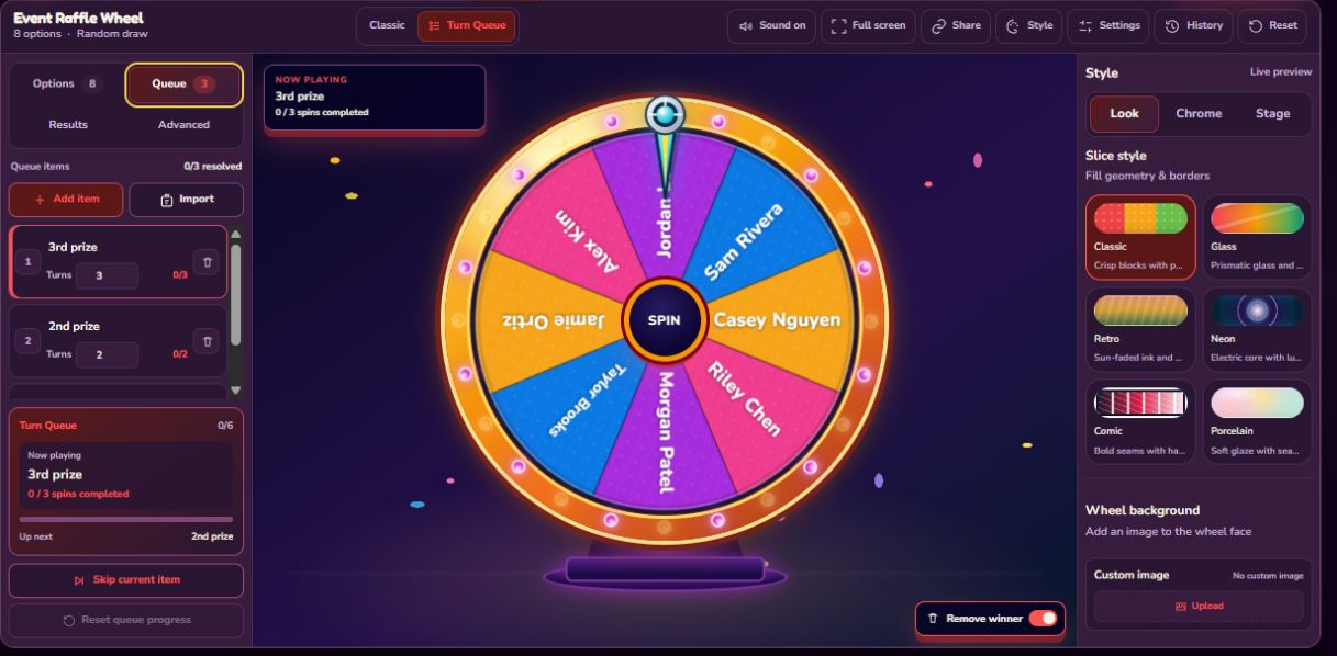 Full current Raffle Wheel showing Now Playing, Queue progress, and Remove winner enabled